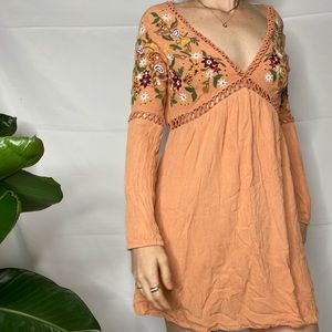 Peach Boho Long Sleeve Dress - Floral Embroidery